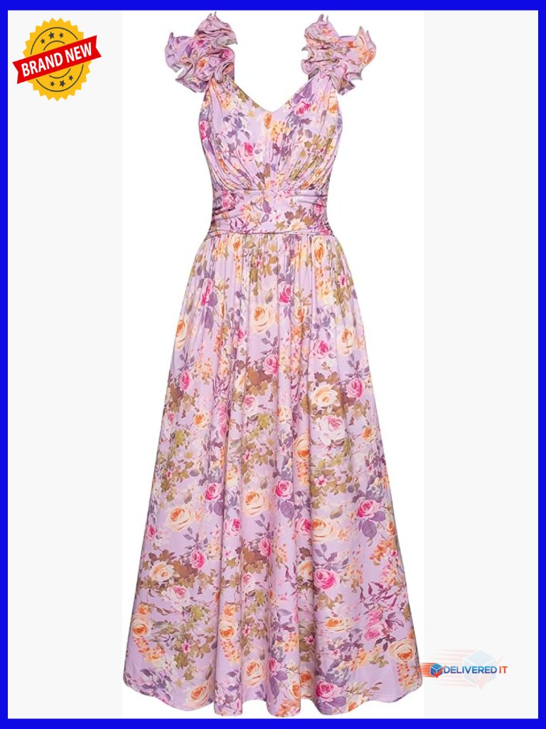 Sleeveless Floral Print Wedding Guest Midi Dress With Ruffled Shoulders